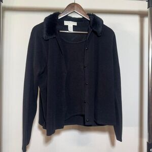 Norton Black Cardigan With Faux Fur Collar and Sewn In Shirt Size XL Vintage 90s